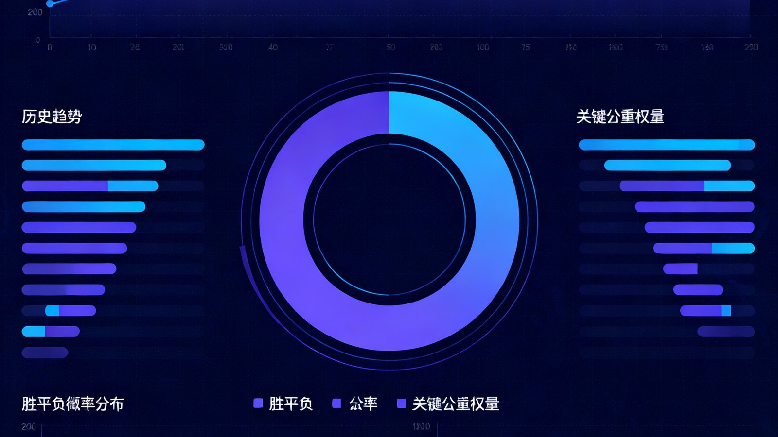 数据预测模型的可视化界面：中央是胜平负概率分布的环形图，周围环绕着历史趋势曲线和关键因子权重条形图，科技感蓝紫色调